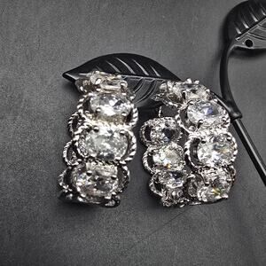 Clear Glass Rhinestone Hoop Earrings Silver Tone Thailand
